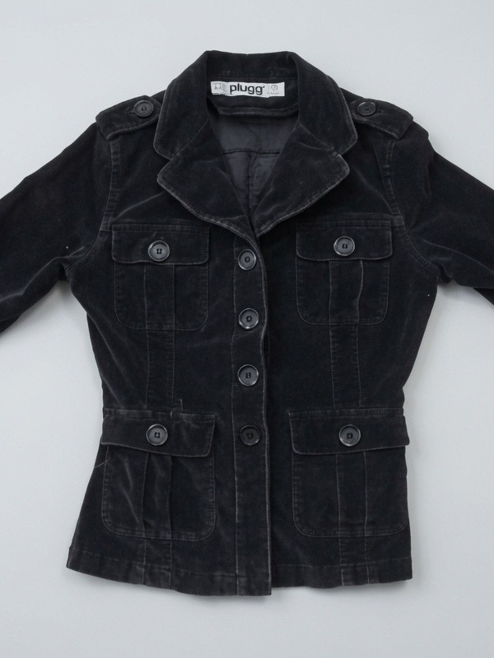 Plugg Black Corduroy Jacket with Button Front and Flap Pockets